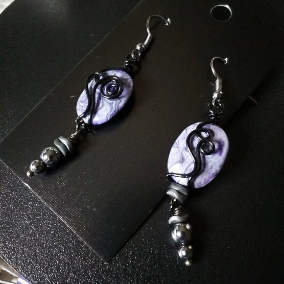 Smokey Gray + Lavender! Asymmetrical + Wire Wrapped! Crazy Lace Agate + Hematite - Picture 2 of 6